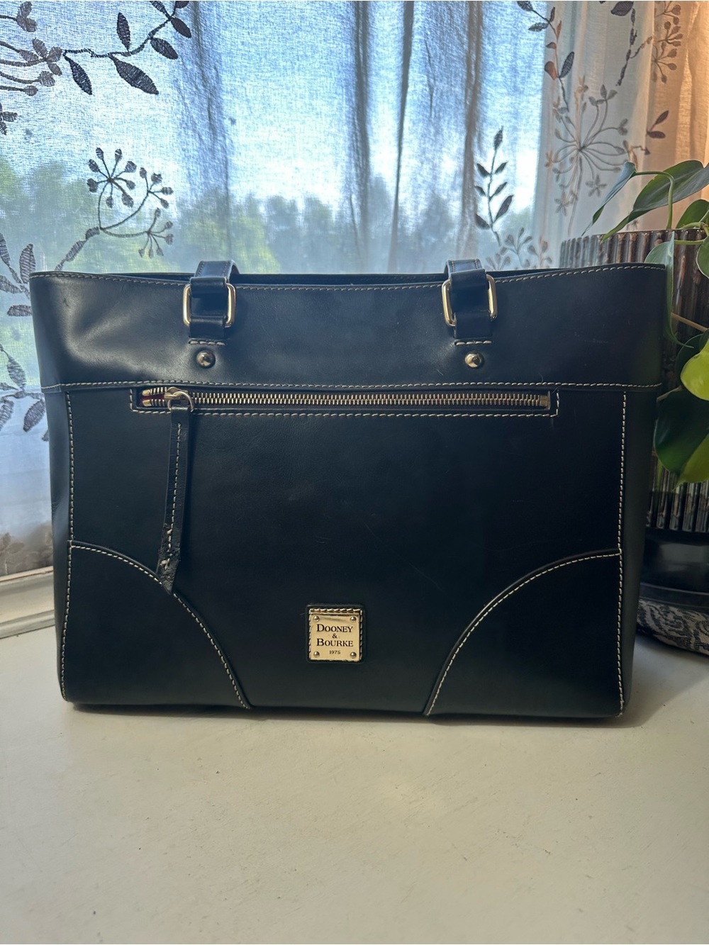 Dooney & Bourke Black Beacon Leather Mila Tote with Contrast Stitching